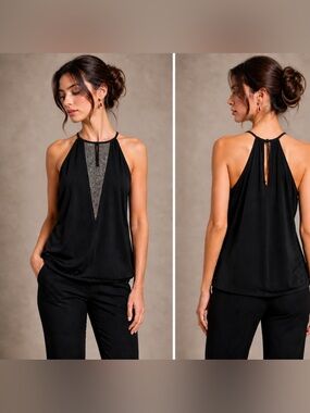 PTP 21” ✨ Express Black Rhinestone Halter Top Size L  🖤Crystal Studded Party